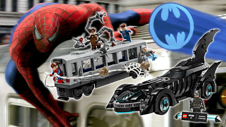 Spider-Man 2 train sequence with a LEGO set of the scene and a LEGO Batman Forever Batmobile with Bat signal superimposed on top of it