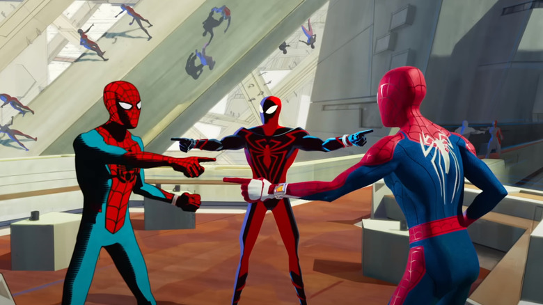 Spider-men pointing at each other in Spider-Man: Across the Spider-Verse