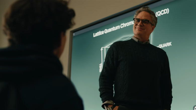 Tom Holland as Peter Parker speaking with Mark Ruffalo as Bruce Banner in a classroom in Spider-Man: Brand New Day