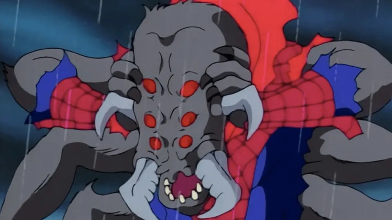 Man-Spider clasping his face in Spider-Man: The Animated Series