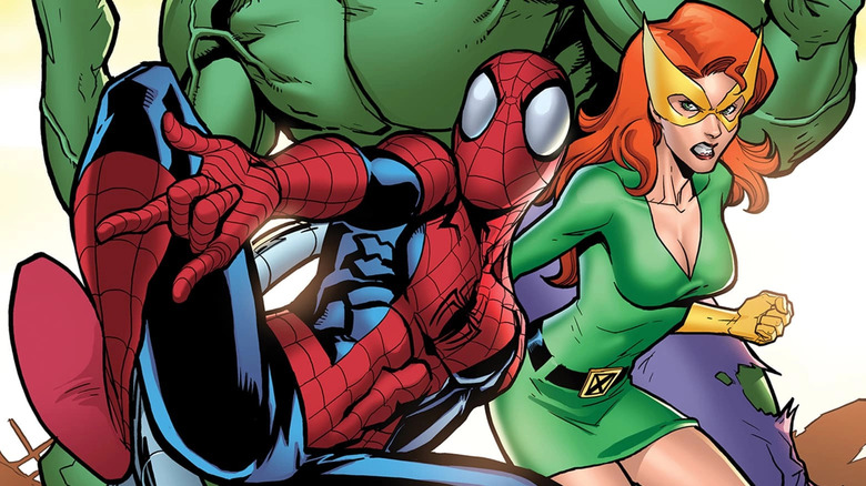 Spider-Man, Jean Grey, and the Hulk posed together on cover of Spider-Man Family #9