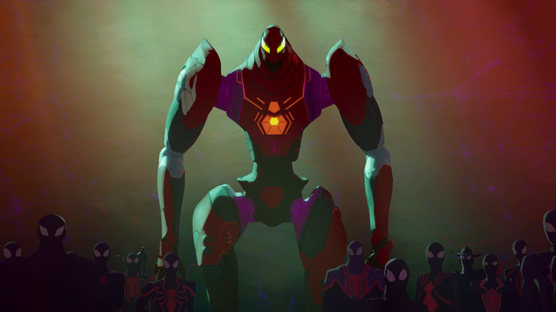 Sp // dr robot rodeado de hombres de araña en Spider-Man: a través de Spider-verse