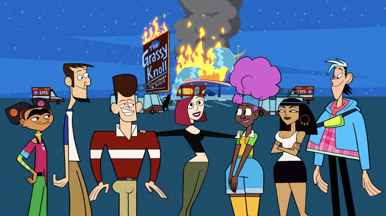 Clone High characters in front of a fire