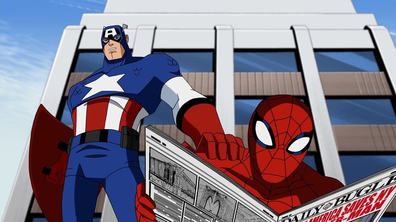 Avengers: Earth's Mightiest Heroes -- Captain America putting his hand on shoulder of Spider-Man, who is reading the Daily Bugle