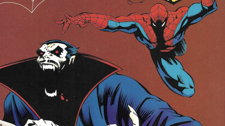 Spider-Man leaps at Dracula from behind on the cover of Spider-Man Vs. Dracula #1
