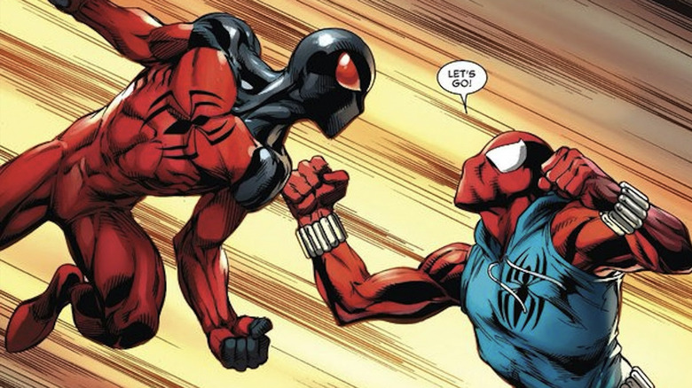 Kaine Parker and Ben Reilly facing off in a Spider-Man comic book