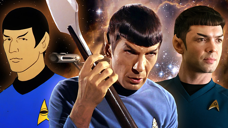 Spock (Leonard Nimoy) from Star Trek: The Original Series is flanked by Spock from Star Trek: The Animated Series and Spock (Ethan Peck) from Star Trek: Strange New Worlds