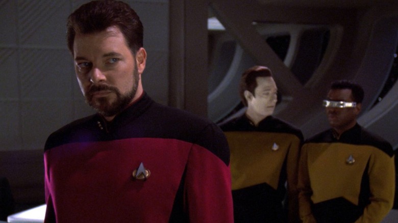 Riker, Data, and Geordi in Ten Forward on Star Trek: The Next Generation