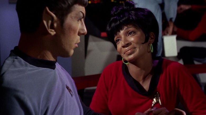 Uhura looking moonily at Spock on Star Trek