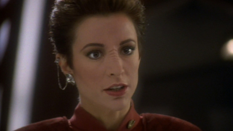 A closeup of Kira on Star Trek: Deep Space Nine