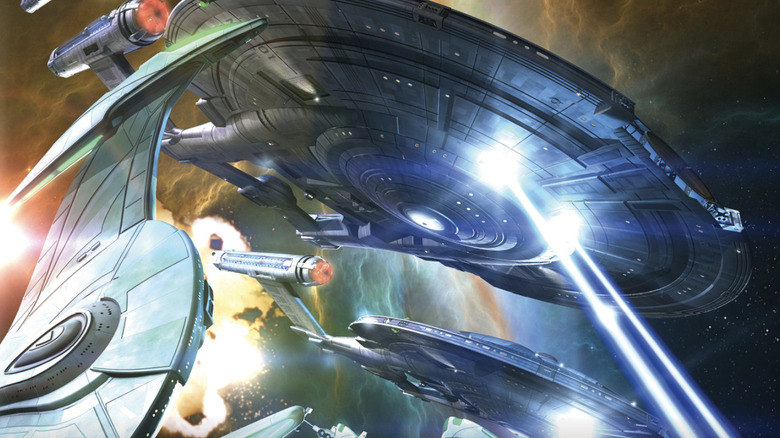 Star Trek: Enterite to Brave the Storm Novel Cover, land ships fighting Romulalan ships