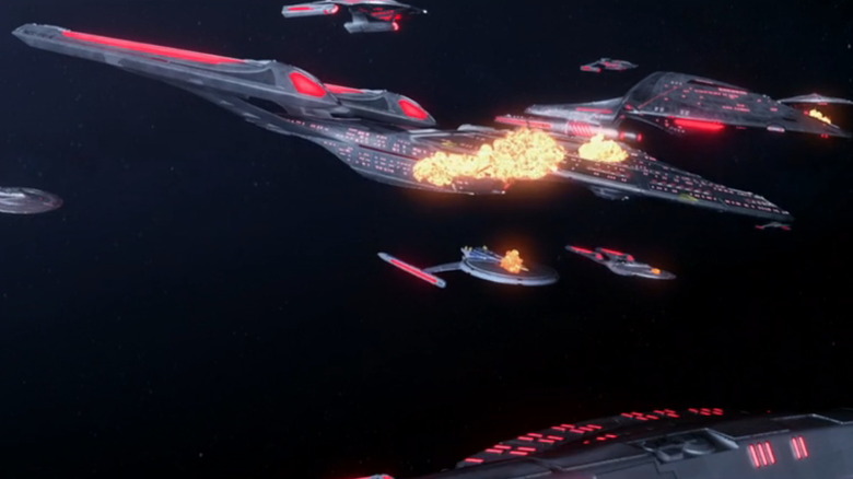 Uma frota de naves atacando umas às outras em um episódio de Star Trek: Prodigy