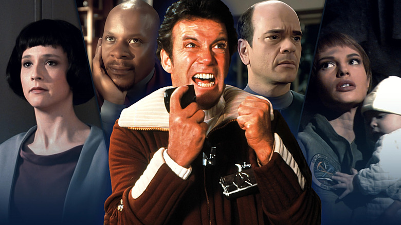 A collage of Lal (Hallie Todd) from Star Trek: The Next Generation, Benjamin Sisko (Avery Brooks) from Star Trek: Deep Space Nine, James T. Kirk (William Shatner) from Star Trek II: The Wrath of Khan, the Doctor (Robert Picardo) from Star Trek: Voyager, and T'Pol (Jolene Blalock) from Star Trek: Enterprise