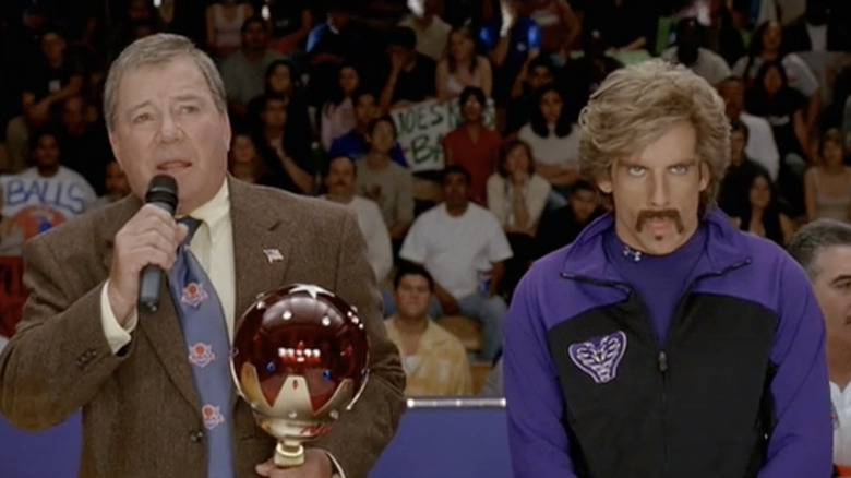 William Shatner as the Dodgeball Chancellor and Ben Stiller as White Goodman prepare for an awards ceremony in Dodgeball: A True Underdog Story