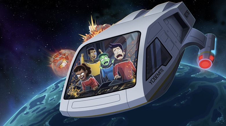 Star Trek Lower Decks crew in a shuttlecraft
