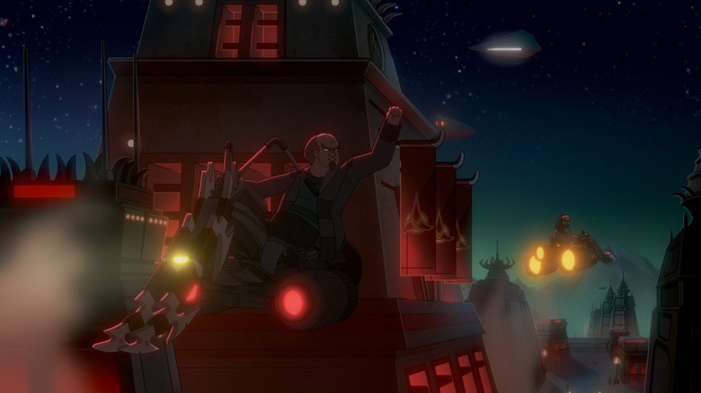 A Klingon on a hoverbike shakes his fist angrily at another bike-mounted Klingon on Star Trek: Lower Decks