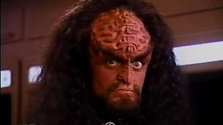 Kavok glaring right into the camera in Star Trek: The Next Generation Interactive VCR Board Game – A Klingon Challenge