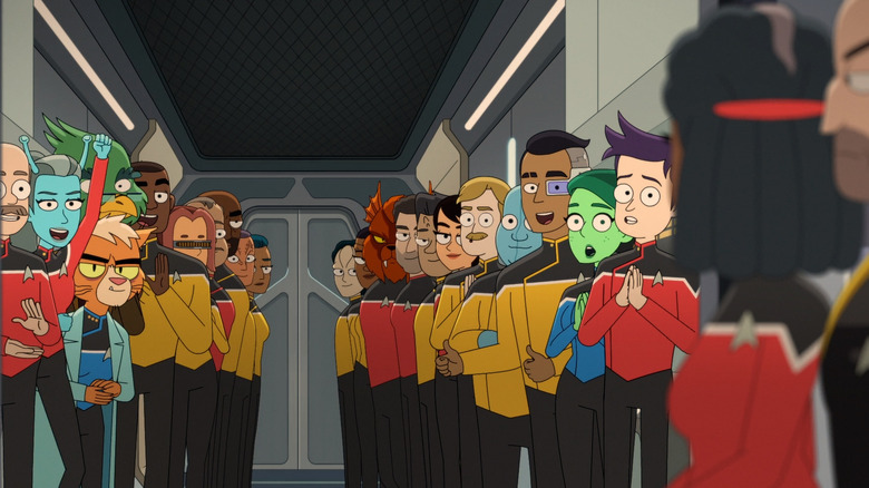 Still from Star Trek: Lower Decks - Everyone looking on