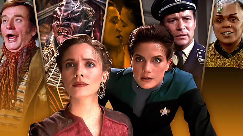 A collage of Lenara Kahn (Susanna Thompson) and Jadzia Dax (Terry Farrell) from Star Trek: Deep Space Nine in front of themselves kissing, Danilo Odell (Barrie Ingham) from Star Trek: The Next Generation, T'Kuvma (Chris Obi) from Star Trek: Discovery, Captain Kirk (William Shatner) from Star Trek: The Original Series, and Tuvix (Tom Wright) from Star Trek: Voyager