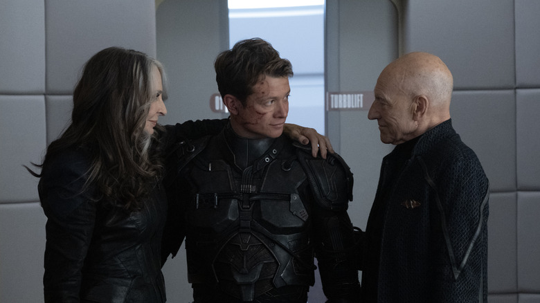 Gates McFadden, Ed Speleers, and Patrick Stewart in Star Trek: Picard