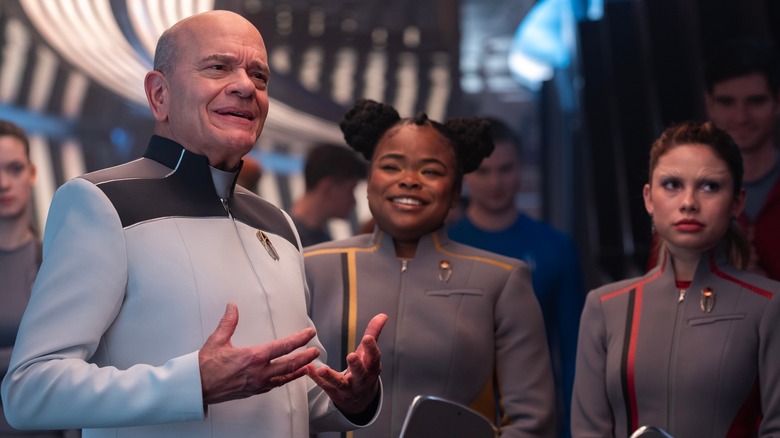 The Doctor, SAM, and Genesis standing together in Star Trek: Starfleet Academy