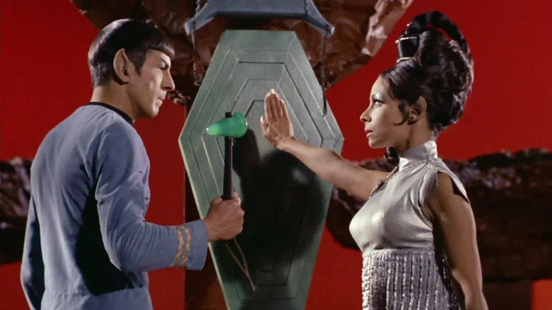 Leonard Nimoy's Spock and Arlene Martel's T'Pring facing each other on Star Trek