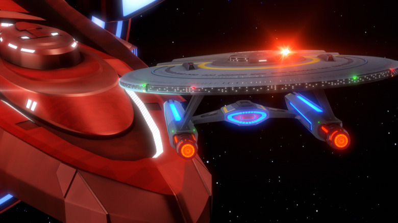 The U.S.S. Cerritos fleeing a larger ship on Star Trek: Lower Decks