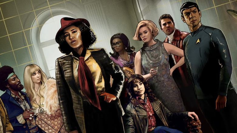 Star Trek: Strange New Worlds, A Space Adventure Hour poster: M'Benga, Chapel, La'an, Uhura, Ortegas, Una, Kirk, and Spock in holodeck