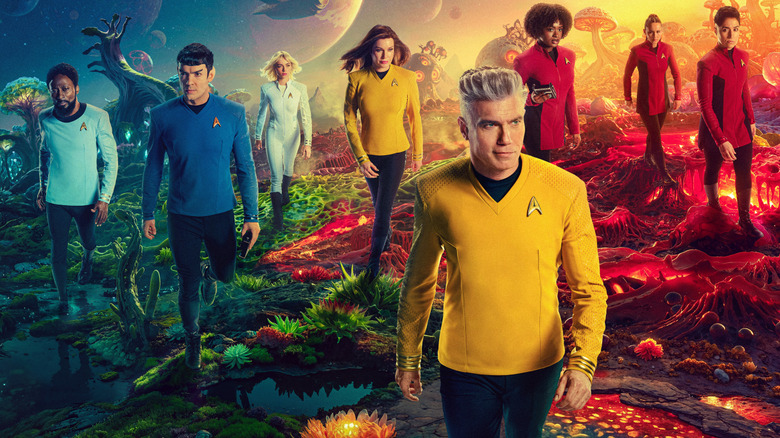 Babs Olusanmokun as M'Benga, Ethan Peck as Spock, Jess Bush as Chapel, Rebecca Romijn as Una, Anson Mount as Pike, Celia Rose Gooding as Uhura, Christina Chong as La'an, and Melissa Navia as Ortegas in the official poster for Strange New Worlds season 3
