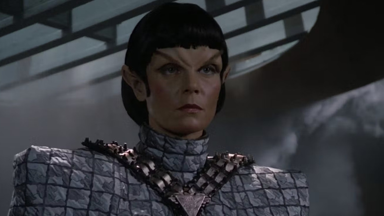A Romulan woman looking serious in Star Trek: The Next Generation