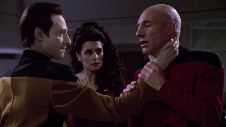 Star Trek: The Next Generation, "Power Play," possessed Data choking out Picard as possessed Troi looks on