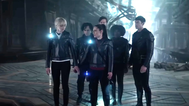Star Trek: Strange New Worlds: Chapel, Beto, La'an, Korby, Uhura, and Spock in alien temple, 