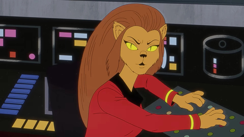 Cristina Milizia as the voice of M'Ress sitting at a console in Star Trek: very Short Treks