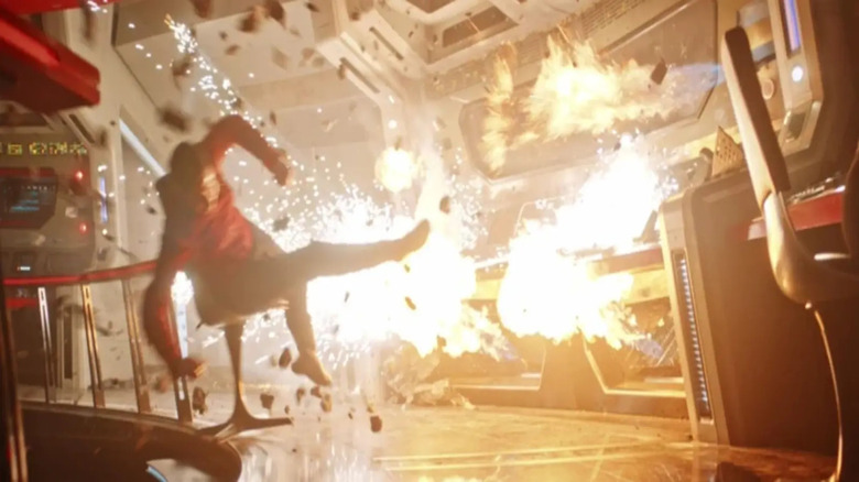 A red shirt propelled into the air by an exploding console in Star Trek: Strange New Worlds