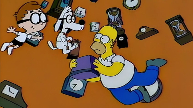 Homer Simpson traveling through time, talking to Mr. Peabody and Sherman, on The Simpsons