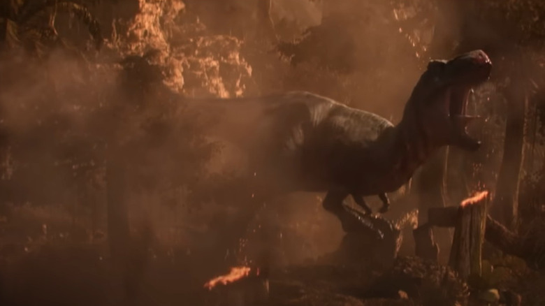 T-Rex roaring in forested area in Star Trek: Strange New Worlds