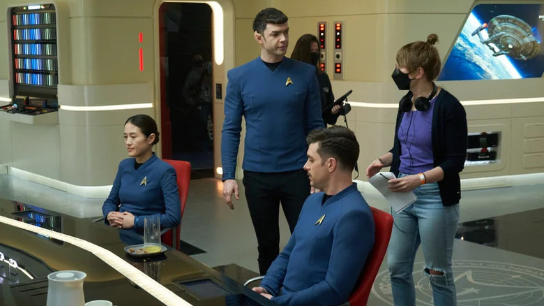 Jordan Canning directing Ethan Peck as Spock and Dean Jeannotte as Sam Kirk on Star Trek: Strange New Worlds