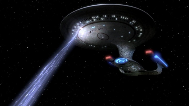 The Enterprise-D firing an energy burst on Star Trek: The Next Generation