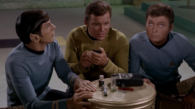 Spock, Kirk, and McCoy on a Greek planet in an episode of Star Trek