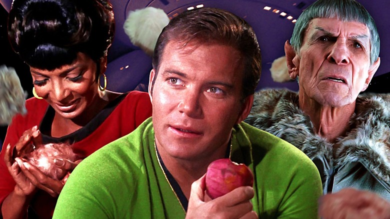 William Shatner as Captain Kirk, Leonard Nimoy as Spock Prime, and Nichelle Nichols as Uhura in the Star Trek franchise