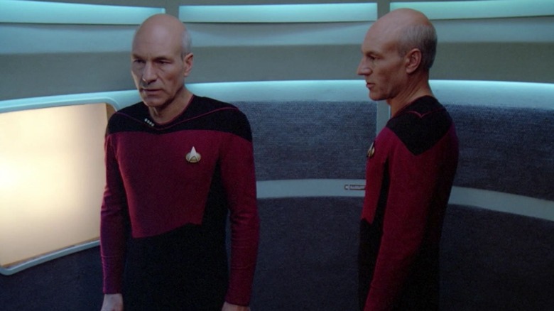 Two Picards standing in a turbolift on Star Trek: The Next Generation