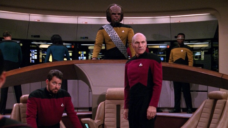 Picard and crew on the bride of the Enterprise on Star Trek: The Next Generation