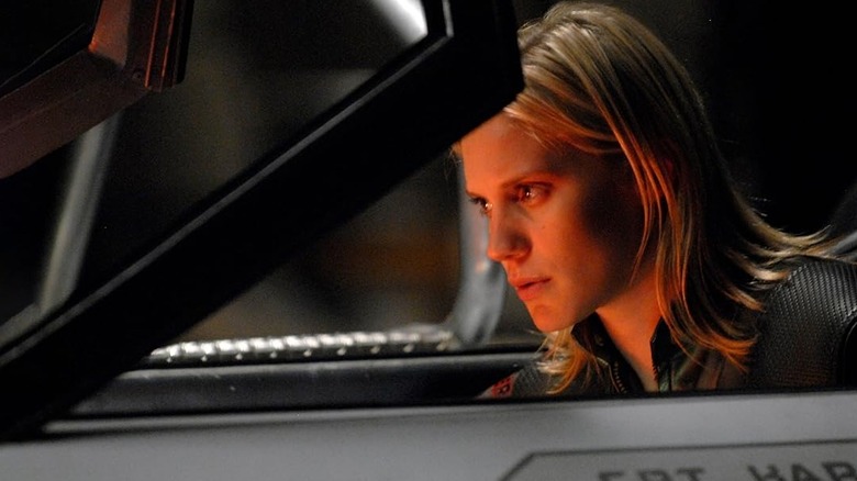 Katee Sackhoff as Starbuck in her ship in Battlestar Galactica season 1