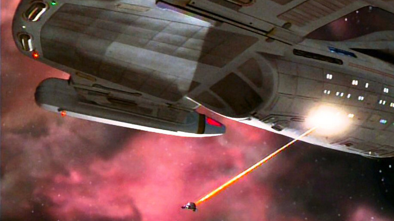 A tiny vessel firing on the USS Voyager on Star Trek: Voyager