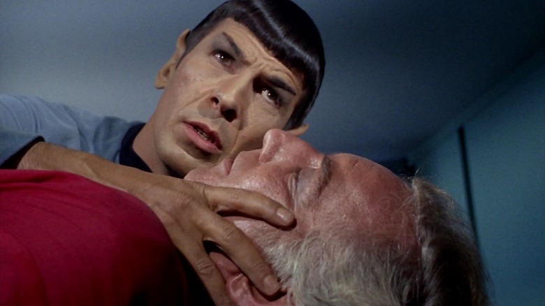 Spock performing a mind-meld on Dr. Simon van Gelder on an episode of Star Trek