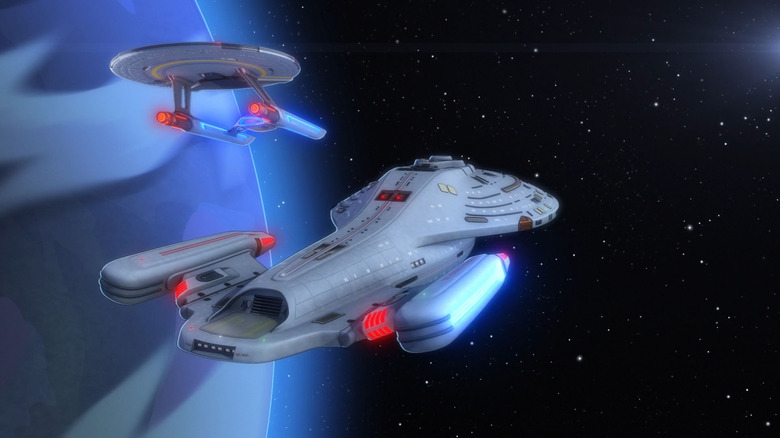The USS Voyager flying next to the USS Cerritos on Star Trek: Lower Decks