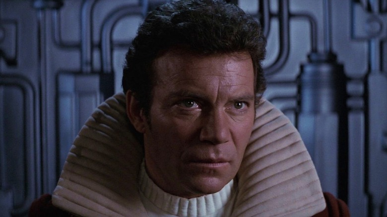 William Shatner is in uniform as Captain James T. Kirk in Star Trek II: The Wrath of Khan