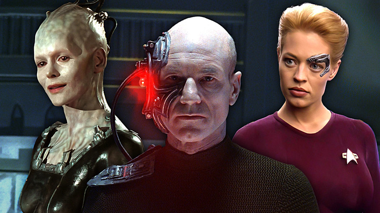 Patrick Stewart as one of the Borg in the middle, and around him, he Borg Queen in First Contact and Jeri Lynn Ryan in the Dark Frontier episode of Star Trek: Voyager