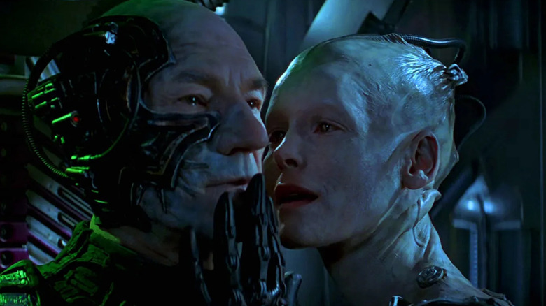 Alice Krige as the Borg Queen touches the face of an assimilated Picard (Patrick Stewart) in Star Trek: First Contact