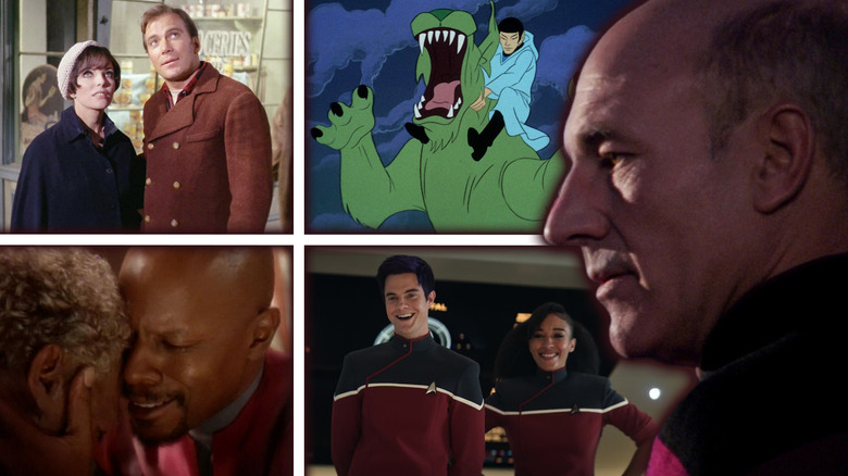 A collage of Jean-Luc Picard (Patrick Stewart) in Star Trek: The Next Generation to the right of, in clockwise order, Spock (Leonard Nimoy) nerve-pinching an le-matya in Star Trek: The Animated Series, Brad Boimler (Jack Quaid) and Beckett Mariner (Tawny Newsome) in Star Trek: Strange New Worlds, Benjamin Sisko (Avery Brooks) tearfully embracing Jake Sisko (Tony Todd) in Star Trek: Deep Space Nine, and Edith Keeler (Joan Collins) and Jim Kirk (William Shatner) gazing up skyward in Star Trek: The Original Series
